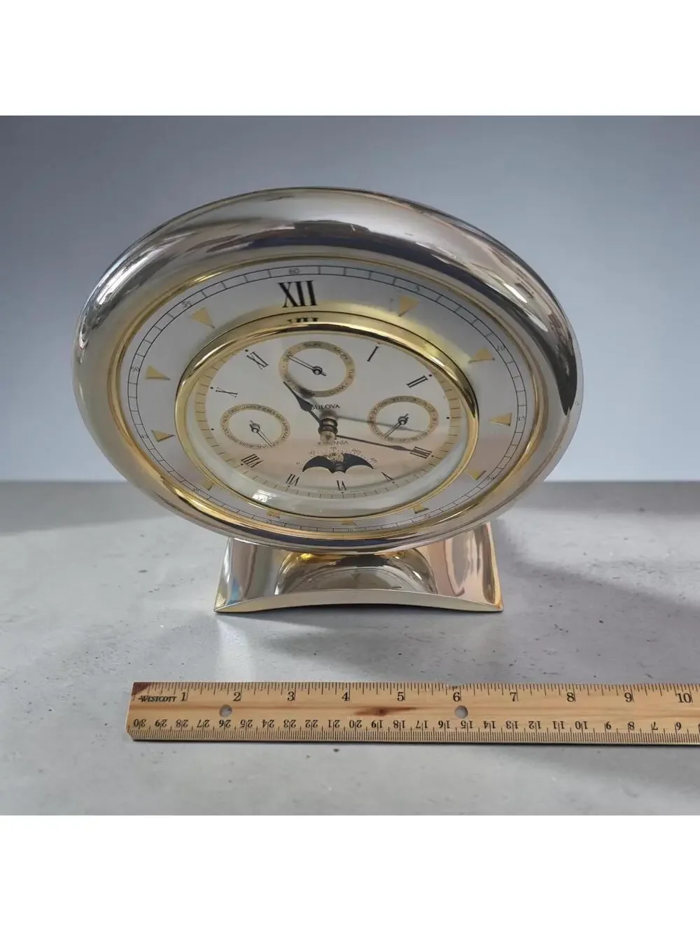 Vintage Bulova Millennia Table Clock German Brass Moon Phase Multi-Funct WORKS!